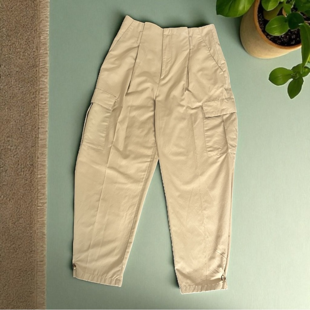 ZARA Women’s Baggy Cargo Pants‎ Khaki High Waist Utility Pockets Streetwear Sz M